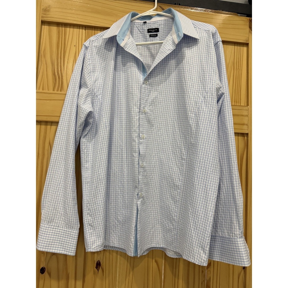 Rosso Milano Shirt Mens 17.5 Blue Gingham Long‎ Sleeve Button Front Dress Shirt